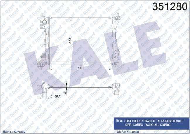 KALE 351280 Motor Su Radyatoru Fiat Doblo 1.4 16v 09-> / Pratico - Alfa Romeo Mito 1.4i 08-> / Opel Combo 14 16v 12-> Vauxhall Combo (Al/Pl/Brz)